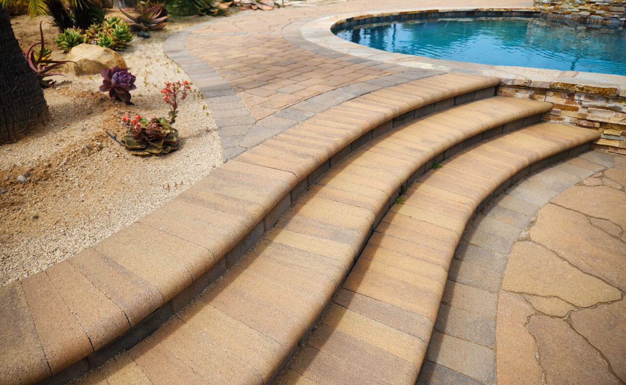 Curved paver steps leading up from a pool patio bordered by a succulent garden bed.