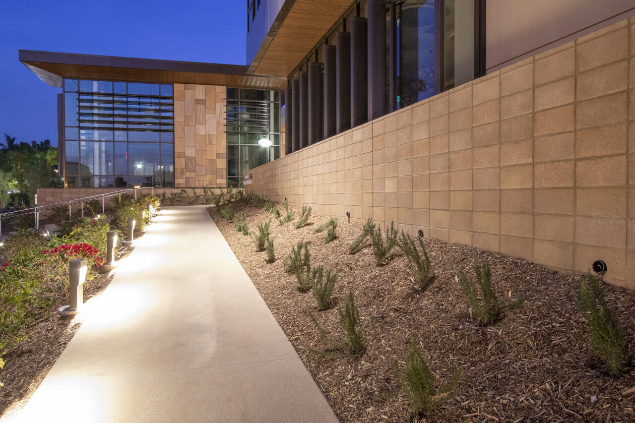 Yorba Linda Cultural Arts Center building at dusk with warm wood-clad overhangs, glass curtain walls, and stone facade, featuring an illuminated staircase with metal handrails leading up through a landscaped, drought-tolerant garden bed.