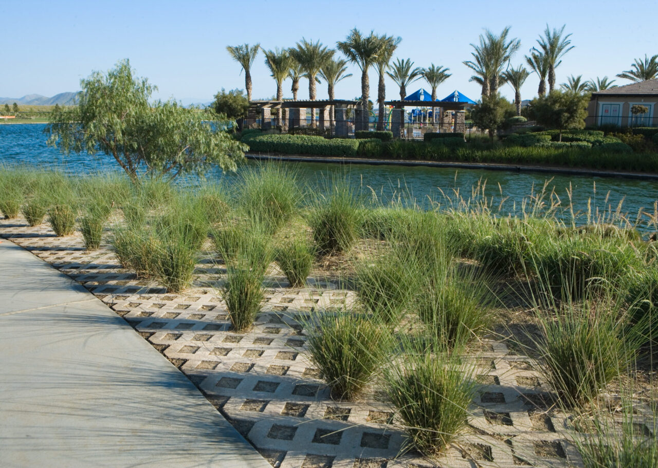 Lakefront community walkway with permeable paver grid planted with ornamental grasses along the water's edge, overlooking a park area with palm trees, a pergola, and a shaded playground across the lake.